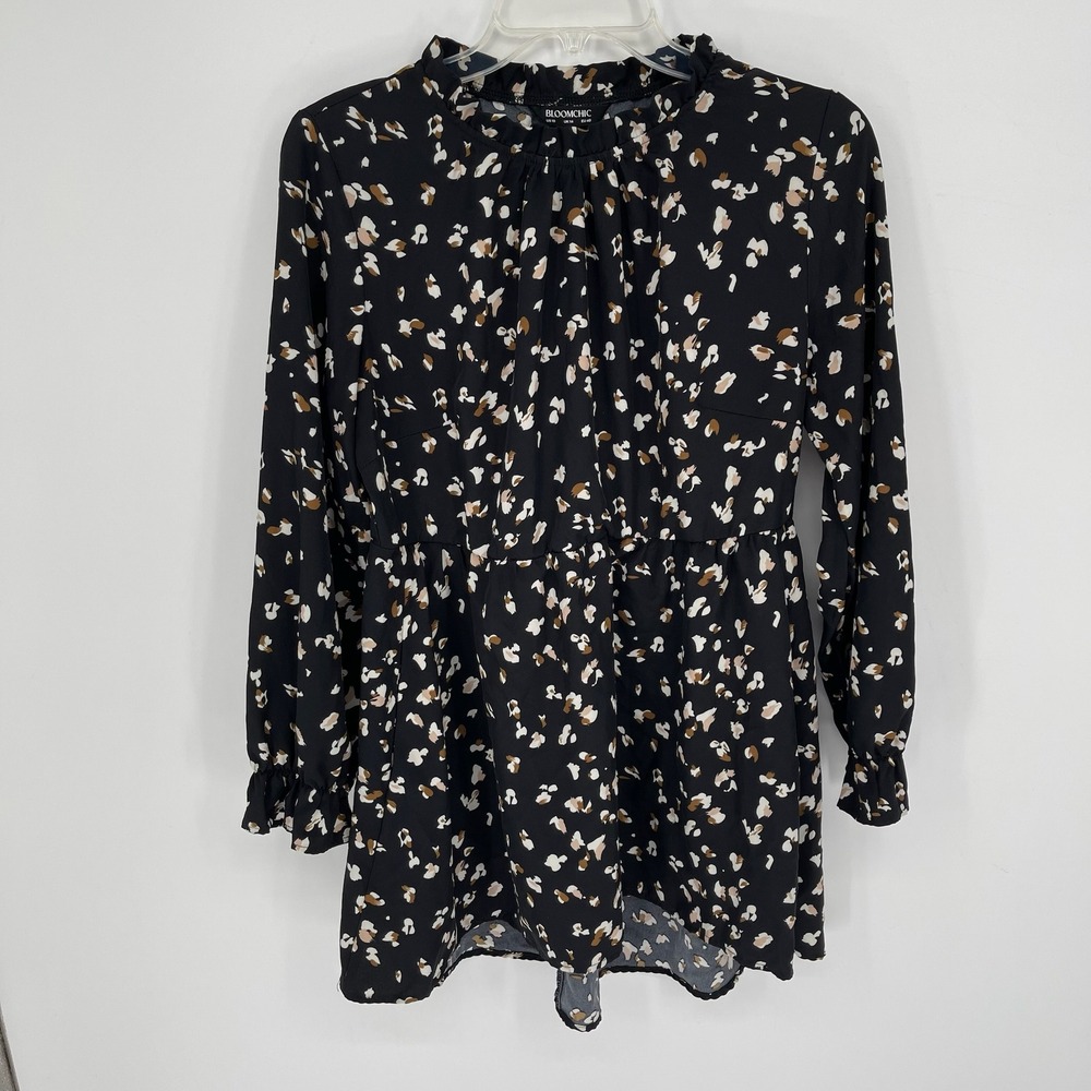 BloomChic Women's Black Floral Ruffle‎ Neck Long Sleeve Peplum Blouse Size 10